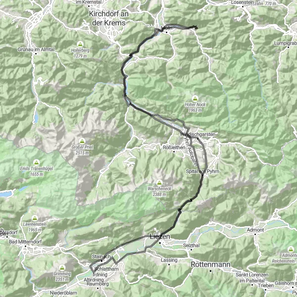 Miniature de la carte de l'inspiration cycliste "Les Montagnes et Vallées de l'Ennstal" dans la Steiermark, Austria. Générée par le planificateur d'itinéraire cycliste Tarmacs.app