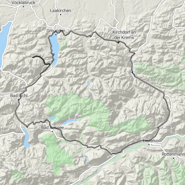 Miniatua del mapa de inspiración ciclista "Tour en bicicleta por Bad Aussee a Gmunden" en Steiermark, Austria. Generado por Tarmacs.app planificador de rutas ciclistas