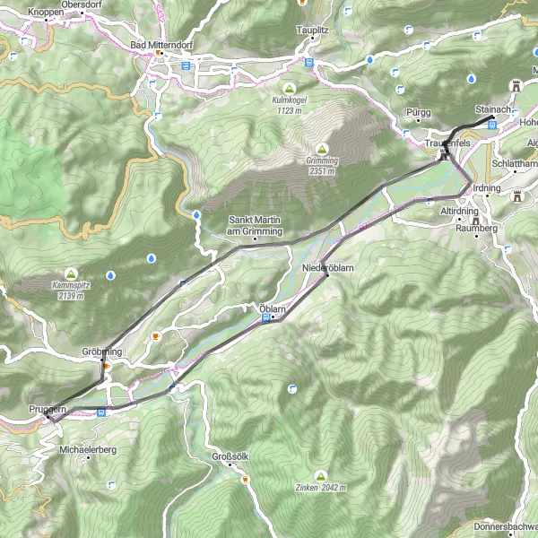 Miniatua del mapa de inspiración ciclista "Ruta de ciclismo por carretera en Stainach-Sankt martin" en Steiermark, Austria. Generado por Tarmacs.app planificador de rutas ciclistas