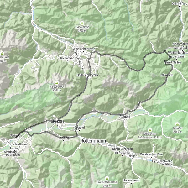 Miniatua del mapa de inspiración ciclista "Ruta de Ciclismo de Carretera Escénica desde Stainach" en Steiermark, Austria. Generado por Tarmacs.app planificador de rutas ciclistas