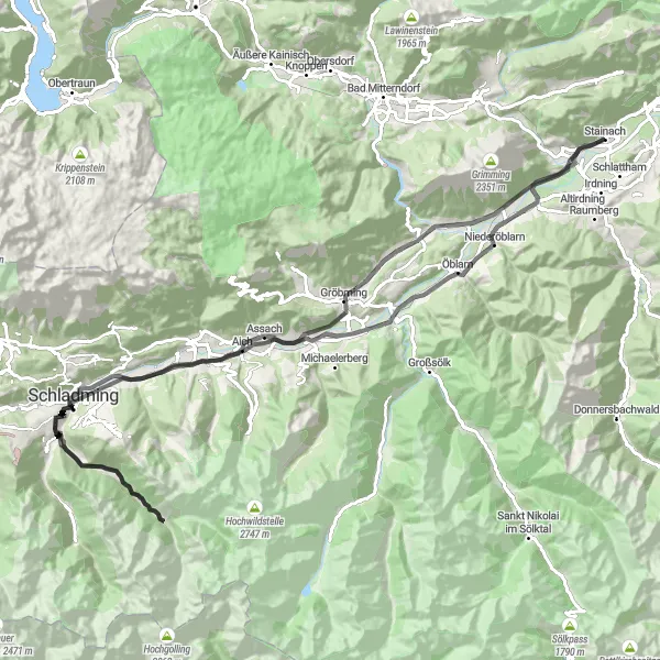 Zemljevid v pomanjšavi "Kolesarska pot Schloss Trautenfels - Tressenstein" kolesarske inspiracije v Steiermark, Austria. Generirano z načrtovalcem kolesarskih poti Tarmacs.app