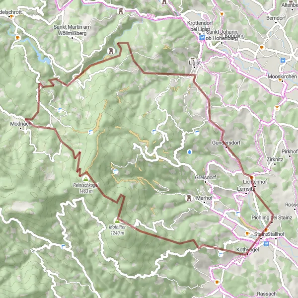 Miniature de la carte de l'inspiration cycliste "Boucle pittoresque autour de Stallhof" dans la Steiermark, Austria. Générée par le planificateur d'itinéraire cycliste Tarmacs.app