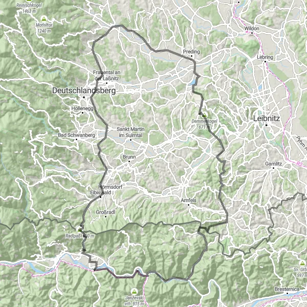 Kartminiatyr av "Lang sykkeltur gjennom vakre omgivelser" sykkelinspirasjon i Steiermark, Austria. Generert av Tarmacs.app sykkelrutoplanlegger