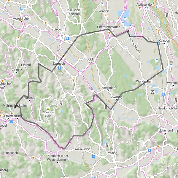 Miniatura della mappa di ispirazione al ciclismo "Giro in bicicletta intorno a Stainz" nella regione di Steiermark, Austria. Generata da Tarmacs.app, pianificatore di rotte ciclistiche