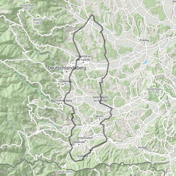 Miniatua del mapa de inspiración ciclista "Ruta escénica por Bad Schwanberg y Sankt Martin im Sulmtal" en Steiermark, Austria. Generado por Tarmacs.app planificador de rutas ciclistas