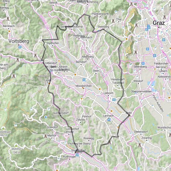 Karttaminiaatyyri "Stainz - Dobl - Höllerkogel Road Circuit" pyöräilyinspiraatiosta alueella Steiermark, Austria. Luotu Tarmacs.app pyöräilyreittisuunnittelijalla