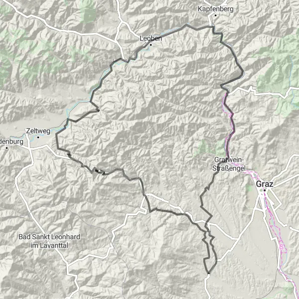 Miniatura della mappa di ispirazione al ciclismo "Avventura ciclistica tra castelli e montagne" nella regione di Steiermark, Austria. Generata da Tarmacs.app, pianificatore di rotte ciclistiche