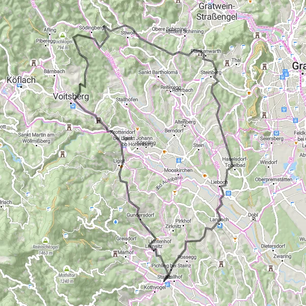 Miniatura della mappa di ispirazione al ciclismo "Cicloescursione tra paesaggi e villaggi" nella regione di Steiermark, Austria. Generata da Tarmacs.app, pianificatore di rotte ciclistiche