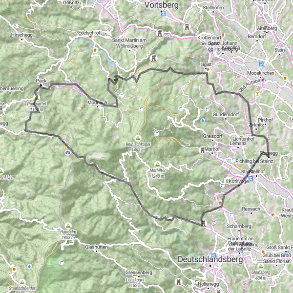 Miniatura della mappa di ispirazione al ciclismo "Giro in Bicicletta su Strada intorno a Stainz" nella regione di Steiermark, Austria. Generata da Tarmacs.app, pianificatore di rotte ciclistiche