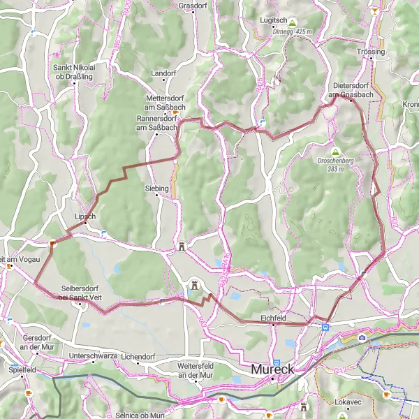 Mapa miniatúra "Gravelová cyklistická trasa okolo Straßu" cyklistická inšpirácia v Steiermark, Austria. Vygenerované cyklistickým plánovačom trás Tarmacs.app