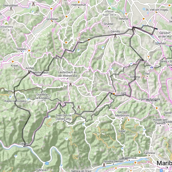 Miniatua del mapa de inspiración ciclista "Desafío en las Colinas de Estiria" en Steiermark, Austria. Generado por Tarmacs.app planificador de rutas ciclistas