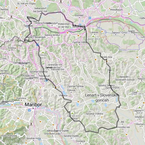 Miniatura della mappa di ispirazione al ciclismo "Avventura ciclistica attraverso le colline slovene e austriache" nella regione di Steiermark, Austria. Generata da Tarmacs.app, pianificatore di rotte ciclistiche