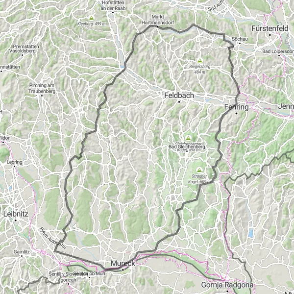 Zemljevid v pomanjšavi "Attemsmoor - Weitersfeld an der Mur Route" kolesarske inspiracije v Steiermark, Austria. Generirano z načrtovalcem kolesarskih poti Tarmacs.app