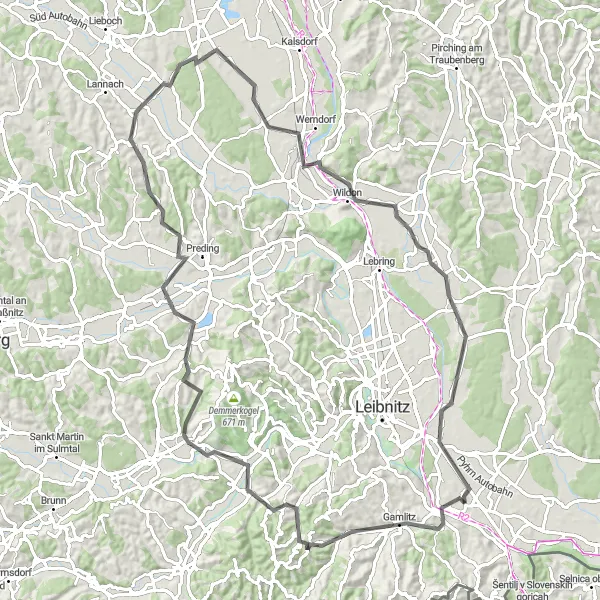 Miniatua del mapa de inspiración ciclista "Ruta de ciclismo desde Straß en Steiermark - Gamlitz - Hammerkogel - Grillkogel - Wettmannstätten - Oisnitzberg - Dobl - Wundschuh - Wildoner Schloßberg - Gabersdorf" en Steiermark, Austria. Generado por Tarmacs.app planificador de rutas ciclistas