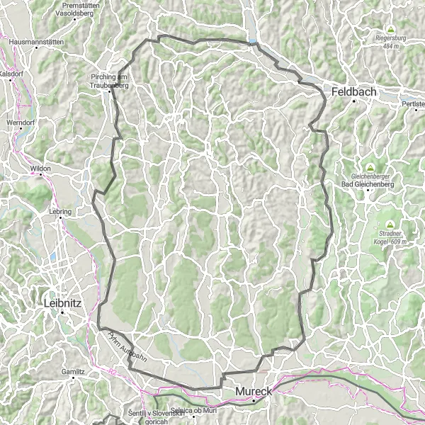 Map miniature of "Straß - Kirchberg Loop" cycling inspiration in Steiermark, Austria. Generated by Tarmacs.app cycling route planner