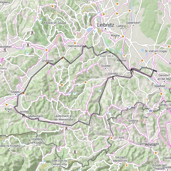 Karttaminiaatyyri "Ehrenhausen - Aflenz an der Sulm Road Cycling Tour" pyöräilyinspiraatiosta alueella Steiermark, Austria. Luotu Tarmacs.app pyöräilyreittisuunnittelijalla