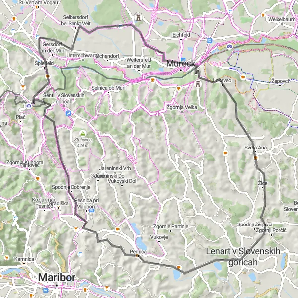 Miniatua del mapa de inspiración ciclista "Ruta de ciclismo desde Straß en Steiermark - Mureck - Zgornji Porčič - Pernica - Gradišče - Pesnica pri Mariboru - Plački vrh" en Steiermark, Austria. Generado por Tarmacs.app planificador de rutas ciclistas