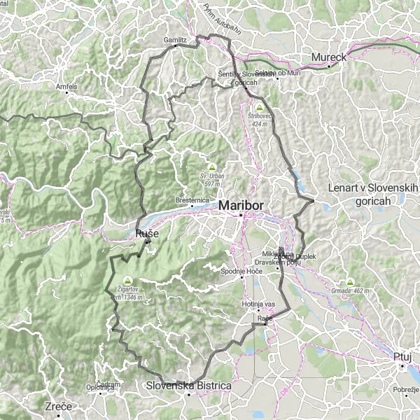 Miniature de la carte de l'inspiration cycliste "L'Exploration des Monts Slovènes" dans la Steiermark, Austria. Générée par le planificateur d'itinéraire cycliste Tarmacs.app