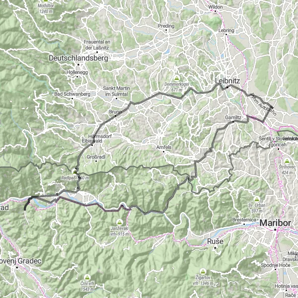 Karttaminiaatyyri "Haastava kierros Kozjak-vuorella" pyöräilyinspiraatiosta alueella Steiermark, Austria. Luotu Tarmacs.app pyöräilyreittisuunnittelijalla