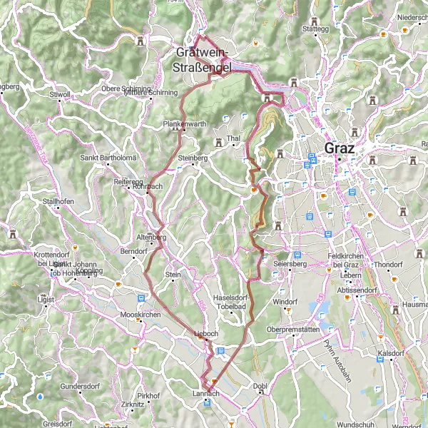 Miniatura della mappa di ispirazione al ciclismo "Esplorazione dei boschi e dei villaggi circostanti" nella regione di Steiermark, Austria. Generata da Tarmacs.app, pianificatore di rotte ciclistiche