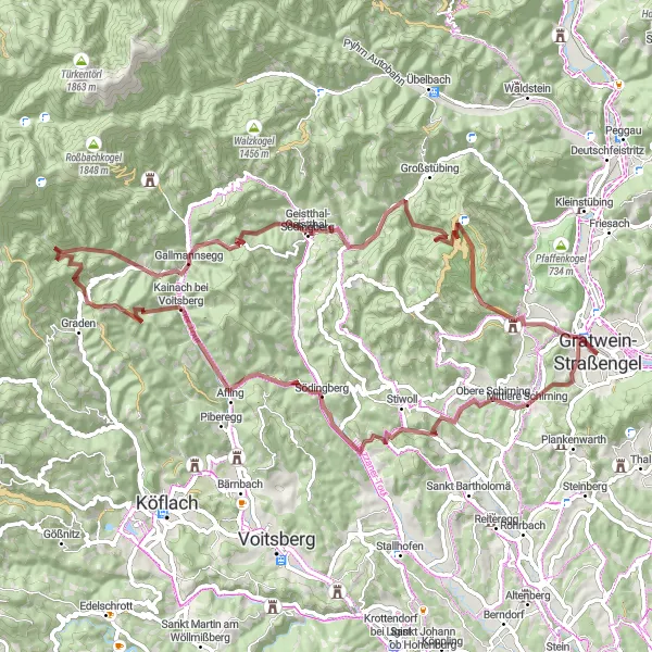 Zemljevid v pomanjšavi "Pustolovska gravel pot do Burgruine Rein" kolesarske inspiracije v Steiermark, Austria. Generirano z načrtovalcem kolesarskih poti Tarmacs.app