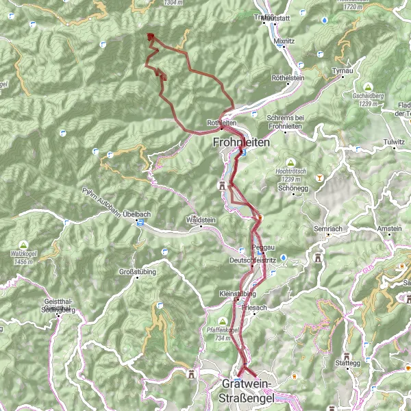 Miniaturekort af cykelinspirationen "Grusvej cykeltur til Peggau og Gratkorn" i Steiermark, Austria. Genereret af Tarmacs.app cykelruteplanlægger