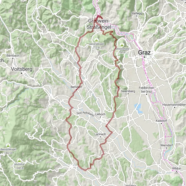 Mapa miniatúra "Gravelová trasa do okolia Strassengelu" cyklistická inšpirácia v Steiermark, Austria. Vygenerované cyklistickým plánovačom trás Tarmacs.app