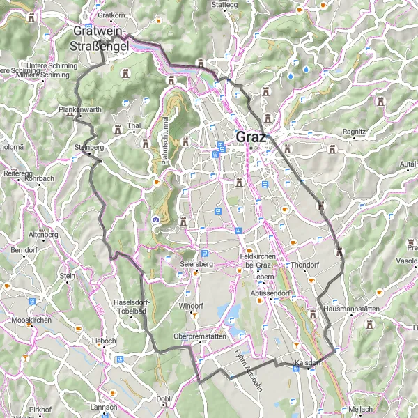 Miniatua del mapa de inspiración ciclista "Ruta escénica por carretera cerca de Strassengel" en Steiermark, Austria. Generado por Tarmacs.app planificador de rutas ciclistas