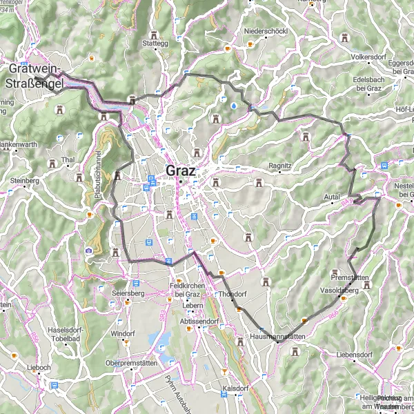 Miniatura della mappa di ispirazione al ciclismo "Esperienza tra natura e cultura" nella regione di Steiermark, Austria. Generata da Tarmacs.app, pianificatore di rotte ciclistiche