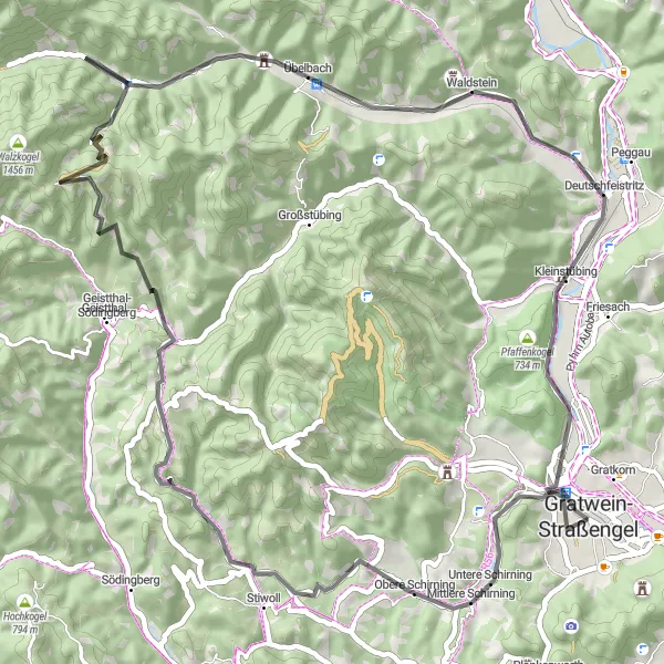 Miniatua del mapa de inspiración ciclista "Ruta panorámica por los picos de Gratwein" en Steiermark, Austria. Generado por Tarmacs.app planificador de rutas ciclistas