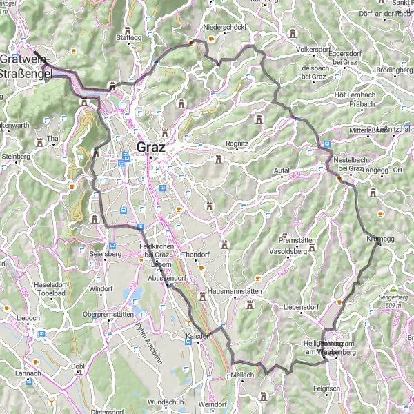 Kartminiatyr av "Veifyllende landevei rundt Strassengel" sykkelinspirasjon i Steiermark, Austria. Generert av Tarmacs.app sykkelrutoplanlegger