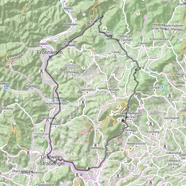 Miniatuurkaart van de fietsinspiratie "Ehrenfels Castle Circuit" in Steiermark, Austria. Gemaakt door de Tarmacs.app fietsrouteplanner