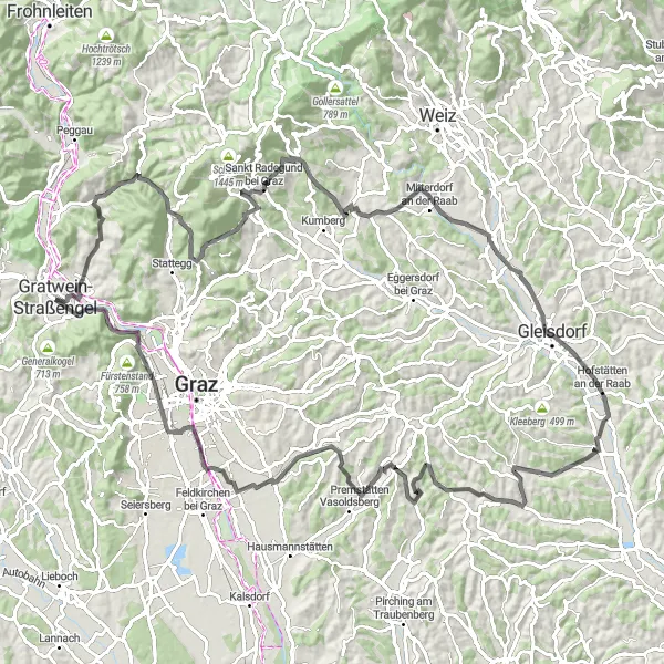 Kartminiatyr av "Utforsk Gratwein-Straßengel til Gösting Castle" sykkelinspirasjon i Steiermark, Austria. Generert av Tarmacs.app sykkelrutoplanlegger
