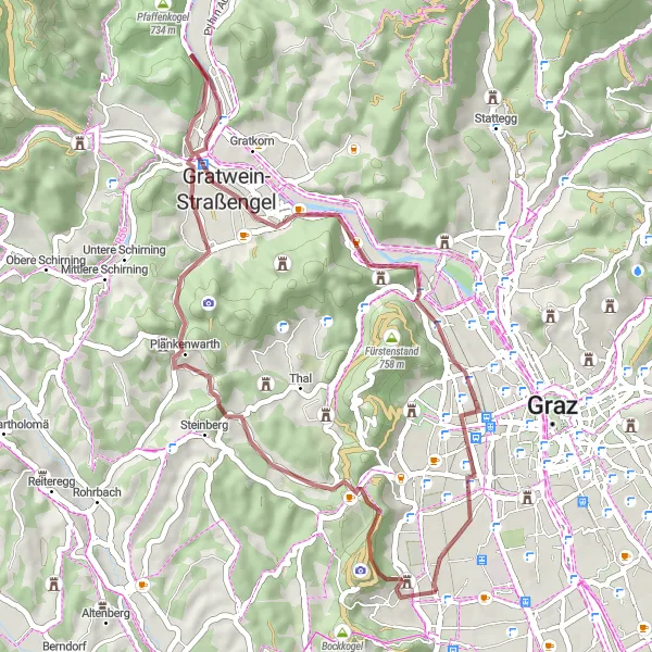 Miniatura della mappa di ispirazione al ciclismo "Giro in bicicletta su strade sterrate di 41 km da Straßgang" nella regione di Steiermark, Austria. Generata da Tarmacs.app, pianificatore di rotte ciclistiche