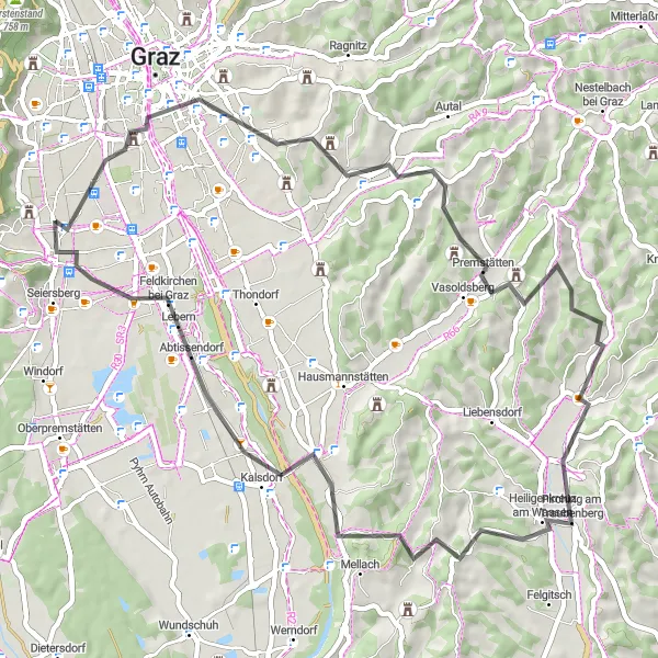 Zemljevid v pomanjšavi "Raziskovanje slikovitih krajev na kolesu" kolesarske inspiracije v Steiermark, Austria. Generirano z načrtovalcem kolesarskih poti Tarmacs.app