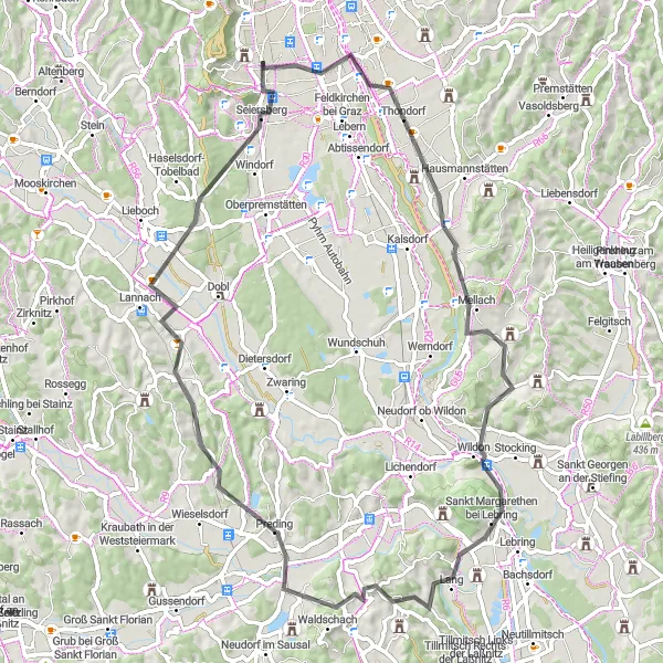 Miniatua del mapa de inspiración ciclista "Recorrido en carretera de 70km desde Straßgang" en Steiermark, Austria. Generado por Tarmacs.app planificador de rutas ciclistas