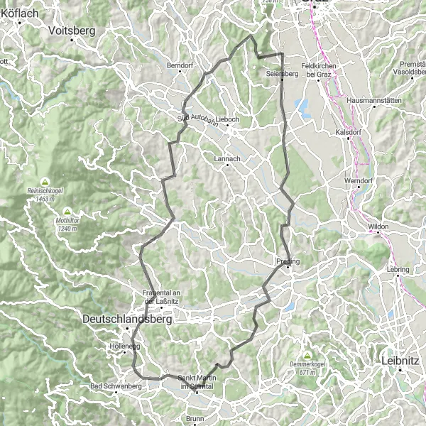 Zemljevid v pomanjšavi "Raznolika pot do Stainza" kolesarske inspiracije v Steiermark, Austria. Generirano z načrtovalcem kolesarskih poti Tarmacs.app