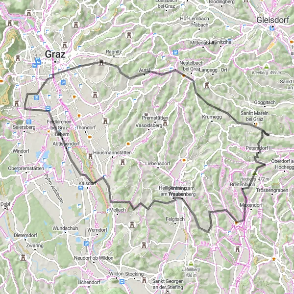 Miniatua del mapa de inspiración ciclista "Aventura Ciclista a través de la Región de Graz" en Steiermark, Austria. Generado por Tarmacs.app planificador de rutas ciclistas