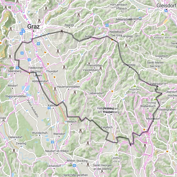 Map miniature of "Blick zur Riegersburg and Feldkirchen bei Graz Road Cycling Route" cycling inspiration in Steiermark, Austria. Generated by Tarmacs.app cycling route planner