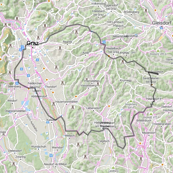 Miniatua del mapa de inspiración ciclista "Ruta en carretera de 84km desde Straßgang a Graz" en Steiermark, Austria. Generado por Tarmacs.app planificador de rutas ciclistas