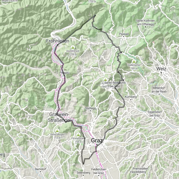 Miniatuurkaart van de fietsinspiratie "Uitdagende tocht langs Frohnleiten en Graz" in Steiermark, Austria. Gemaakt door de Tarmacs.app fietsrouteplanner