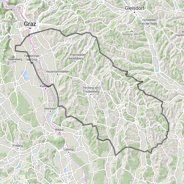Miniatura della mappa di ispirazione al ciclismo "Giro in bicicletta attraverso le colline della Stiria" nella regione di Steiermark, Austria. Generata da Tarmacs.app, pianificatore di rotte ciclistiche