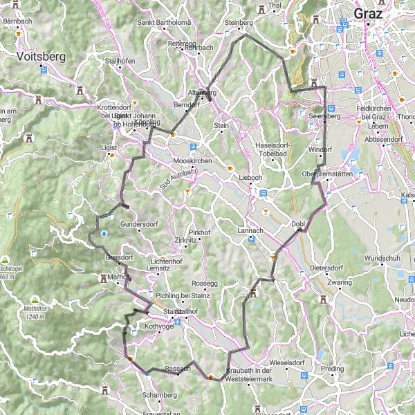 Miniatua del mapa de inspiración ciclista "Desafío Montañoso hacia Schloss Sankt Martin" en Steiermark, Austria. Generado por Tarmacs.app planificador de rutas ciclistas