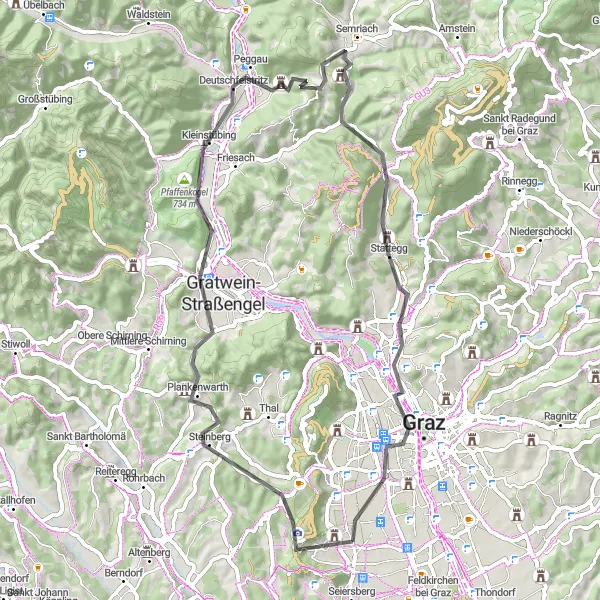 Miniaturní mapa "Okruhová cyklotrasa z blízkosti Straßgangu" inspirace pro cyklisty v oblasti Steiermark, Austria. Vytvořeno pomocí plánovače tras Tarmacs.app