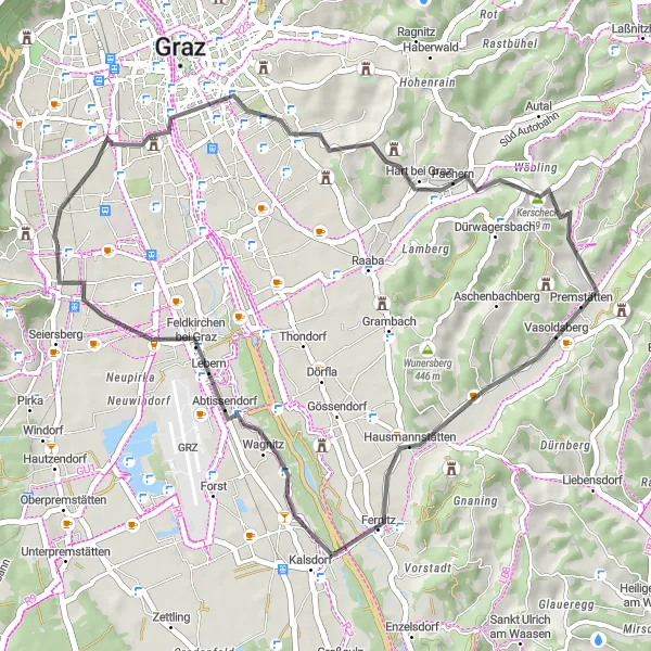 Mapa miniatúra "Cyklotrasa okolo Feldkirchen bei Graz" cyklistická inšpirácia v Steiermark, Austria. Vygenerované cyklistickým plánovačom trás Tarmacs.app