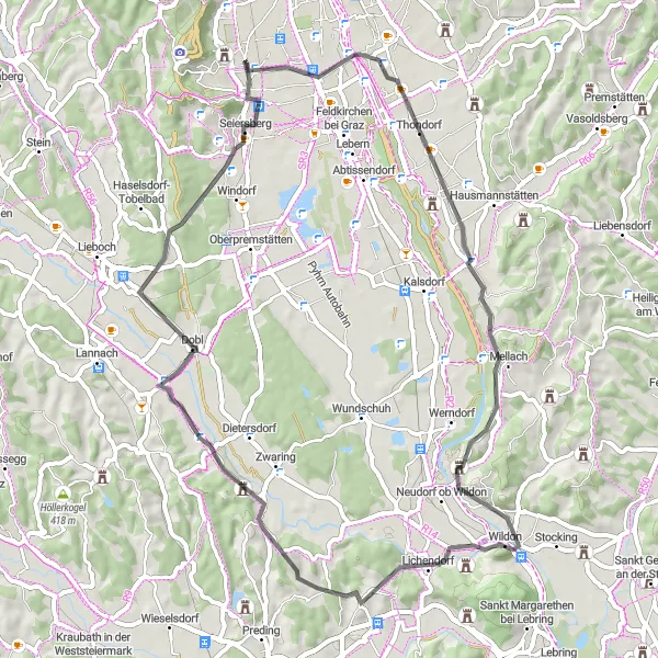 Map miniature of "Road Through Villages" cycling inspiration in Steiermark, Austria. Generated by Tarmacs.app cycling route planner