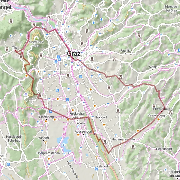Miniatura della mappa di ispirazione al ciclismo "Percorso Gravel a Graz" nella regione di Steiermark, Austria. Generata da Tarmacs.app, pianificatore di rotte ciclistiche