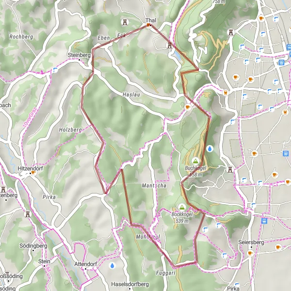 Miniaturekort af cykelinspirationen "Grusvej cykelrute til Plabutsch og Buchkogel" i Steiermark, Austria. Genereret af Tarmacs.app cykelruteplanlægger