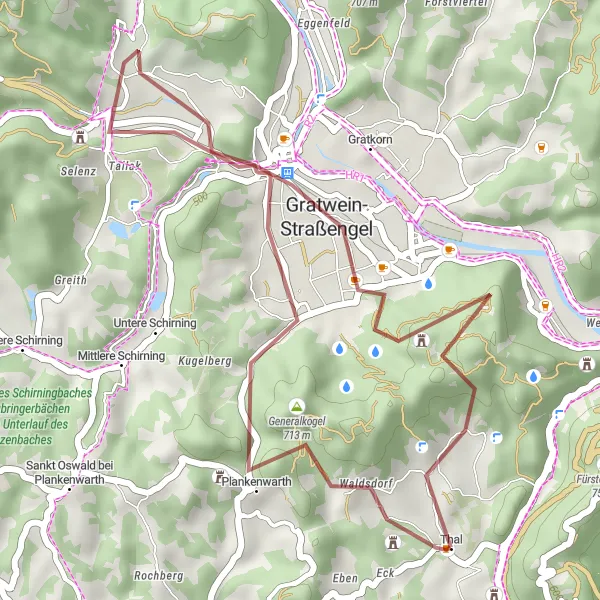 Mapa miniatúra "Thal - Gratwein - Steinkogel - Thal" cyklistická inšpirácia v Steiermark, Austria. Vygenerované cyklistickým plánovačom trás Tarmacs.app
