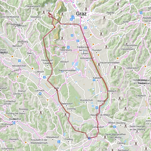 Miniaturekort af cykelinspirationen "Grusvej cykeltur rundt om Thal" i Steiermark, Austria. Genereret af Tarmacs.app cykelruteplanlægger